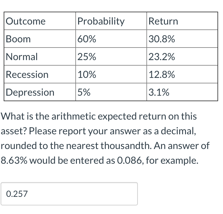  Outcome Probability Return Boom 60% 30.8% Normal 25% 23.2% Recession 10%
