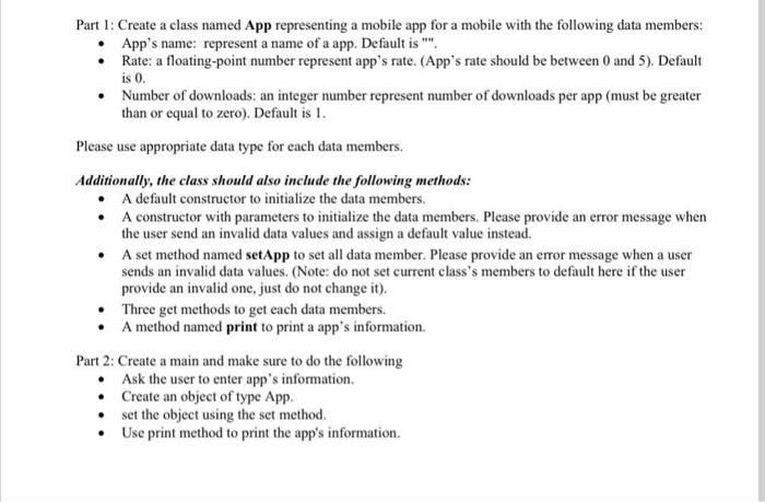 using Java Part 1: Create a class named App representing a mobile