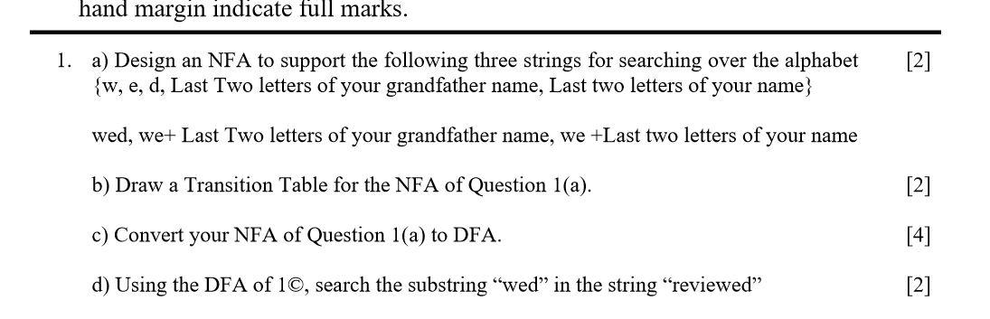  hand margin indicate full marks. [2] 1. a) Design an NFA