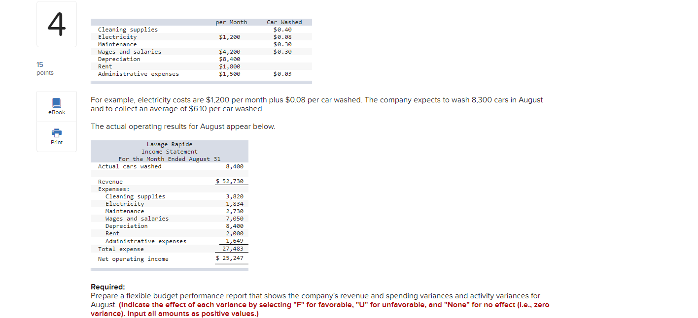 of each variance by selecting "F" for favorable, "U" for unfavorable, and
