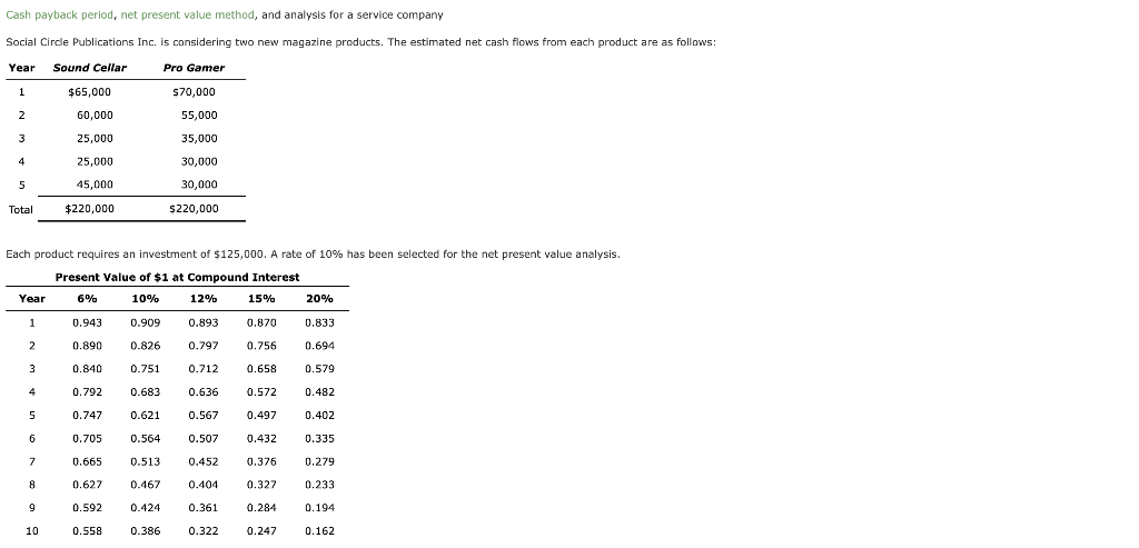Cash payback period, net present value method, and analysis for a service