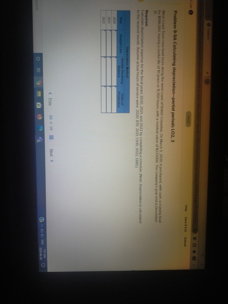 Help Save & Exh Submi Problem 9-5A Calculating depreciation-partial periods LO2,