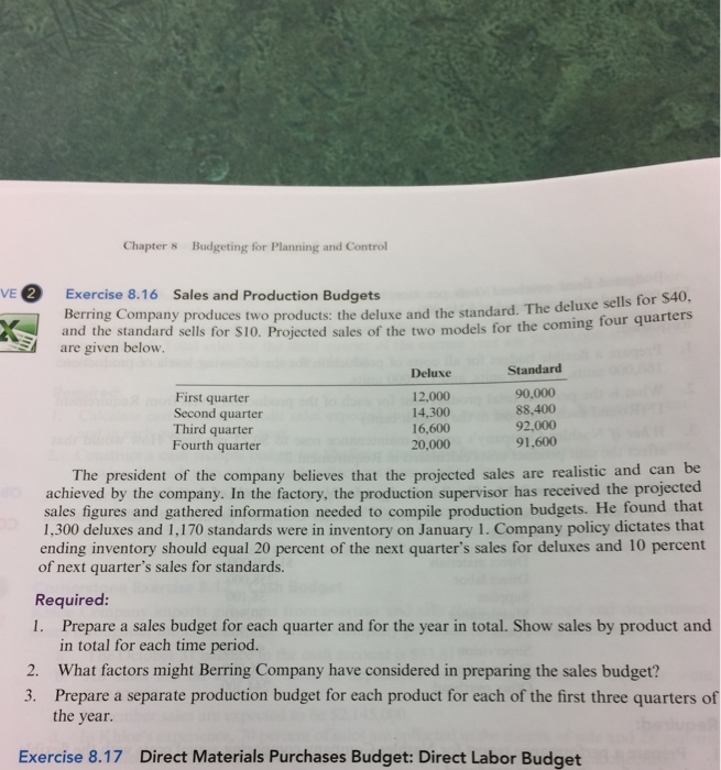 exercise 8.16 Chapter s Budgeting for Planning and Control VE Exercise 8.16