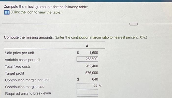  Compute the missing amounts for the following table: (Click the icon