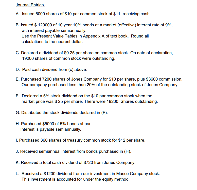 PLEASE HELP WITH MY ASSIGNMENT Journal Entries A. Issued 6000 shares of