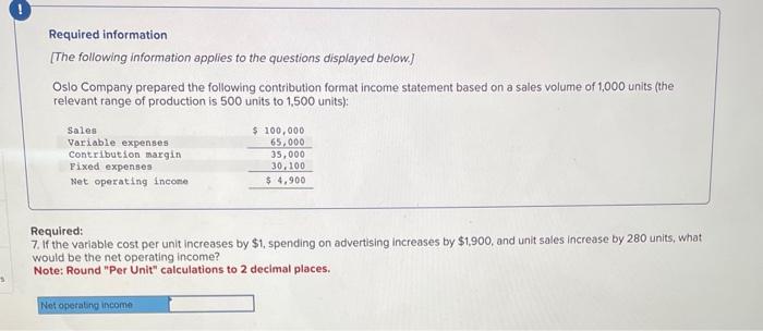 questions displayed below.] Oslo Company prepared the following contribution format income statement