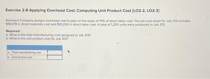  Exercise 2-8 Applying Overhead Cost; Computing Unit Product Cost [LO2-2, LO2-3]