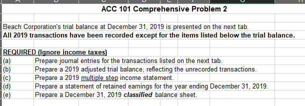  ACC 101 Comprehensive Problem 2 Beach Corporation's trial balance at December