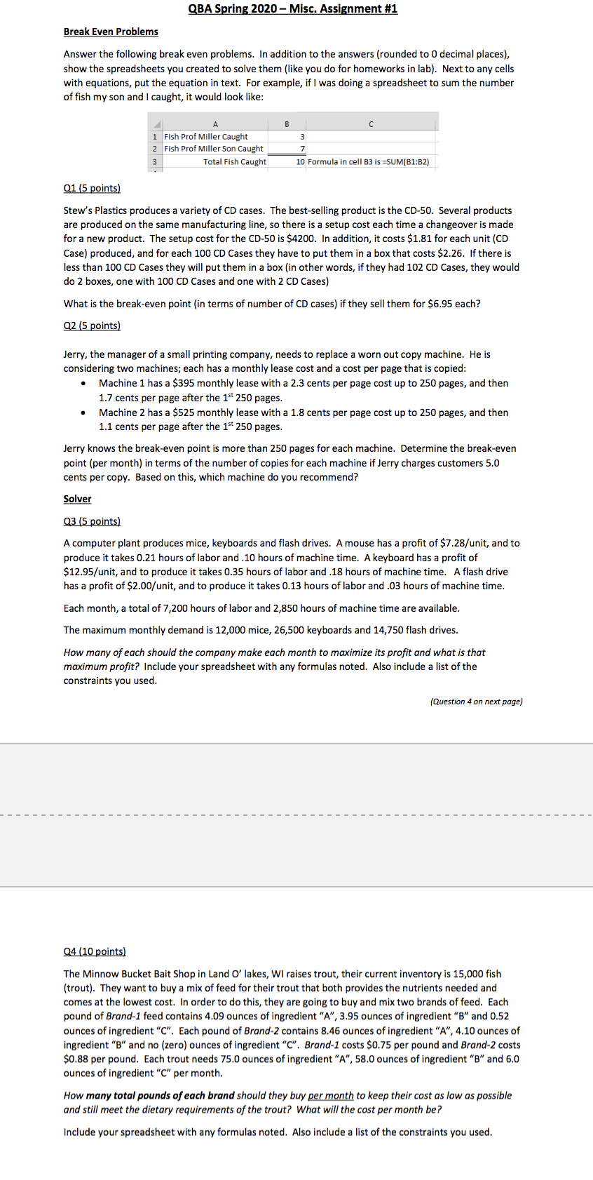  QBA Spring 2020 - Misc. Assignment #1 Break Even Problems Answer