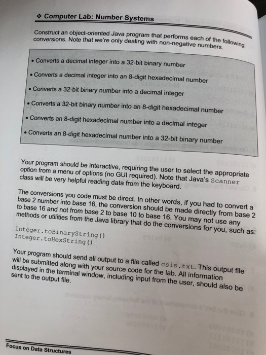  help!!! Computer Lab: Number Systems Construct an object-oriented Java program that