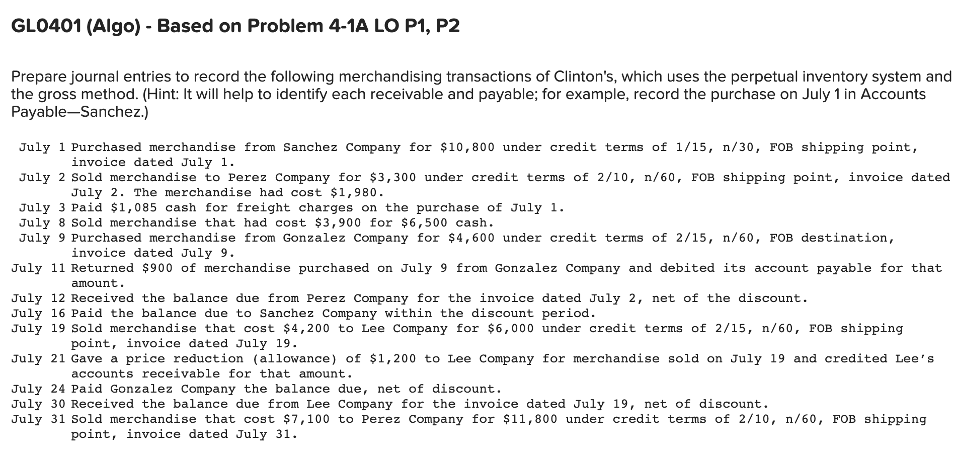 GLO401 (Algo) - Based on Problem 4-1A LO P1, P2 Prepare