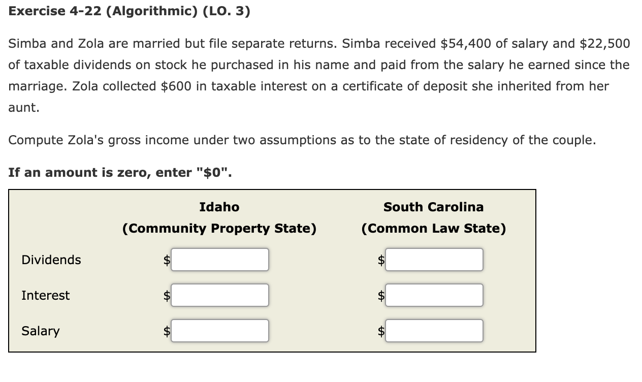 Exercise 4-22 (Algorithmic) (LO. 3) Simba and Zola are married but