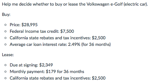 Homework Help Help me decide whether to buy or lease the Volkswagen