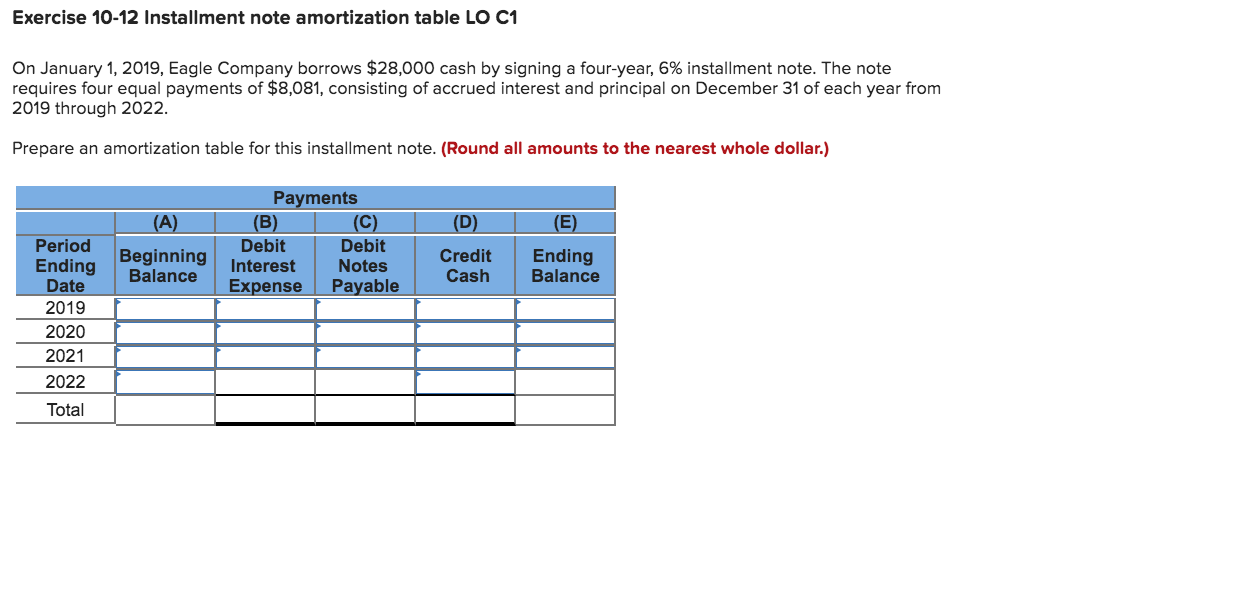 Exercise 10-12 Installment note amortization table LO C1 On January 1,