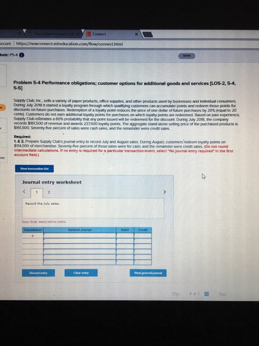  Connect ecure https:/ewconnect.mhe connect.html ode: P5-4 Problem 5-4 Performance obligations; customer