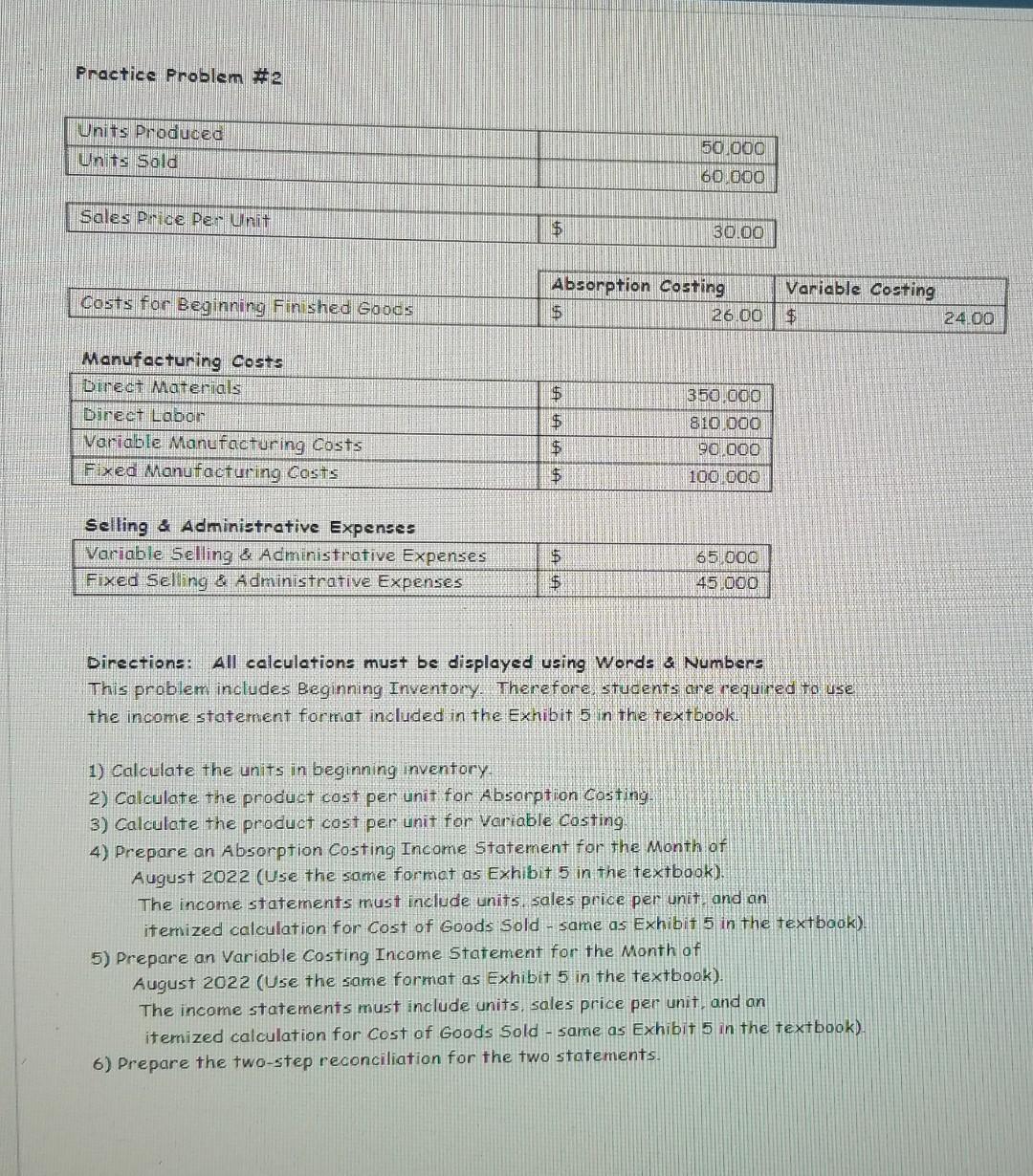 please use format as shown below: Practice Problem \#2 Sales pmice