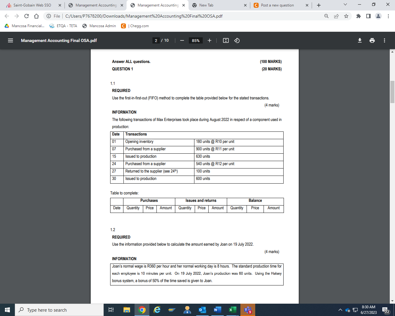 Answer ALL questions. (100 MARKS) QUESTION 1 (20 MARKS) 1.1 REQUIRED