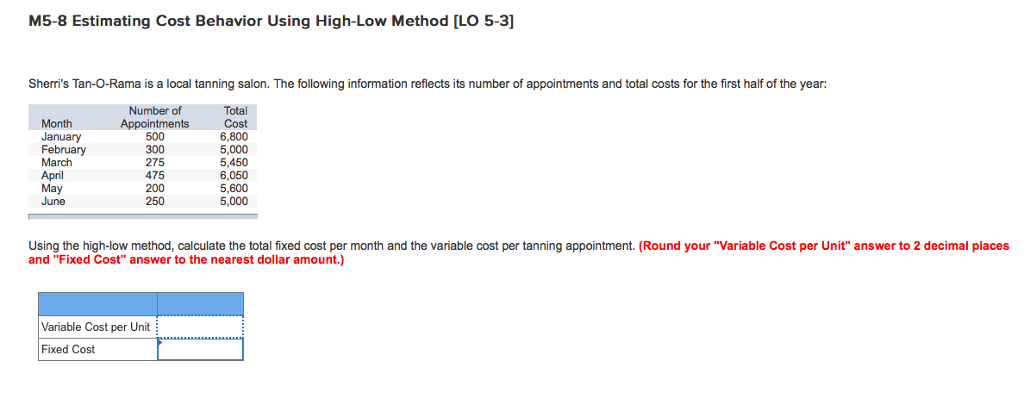  M5-8 Estimating Cost Behavior Using High-Low Method [LO 5-3] Sherri's Tan-O-Rama