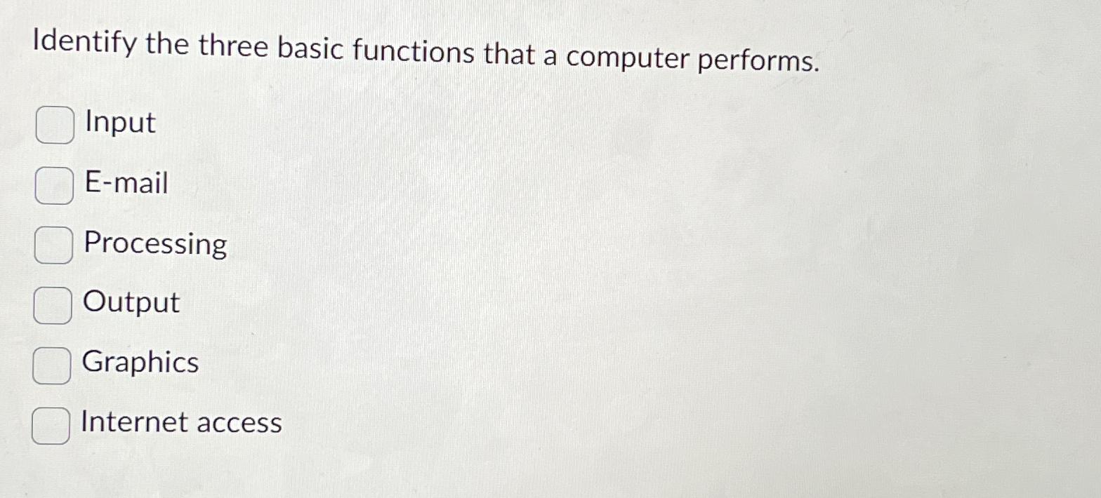  Identify the three basic functions that a computer performs. Input E-mail