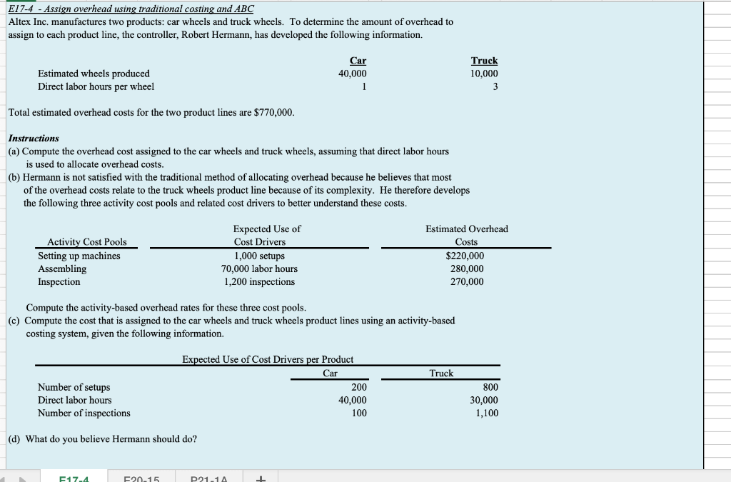 E17-4 - Assign overhead using traditional costing and ABC Altex Inc.