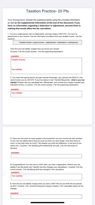  Taxation Practice- 20 Pts Your Assignment: Answer the questions below using