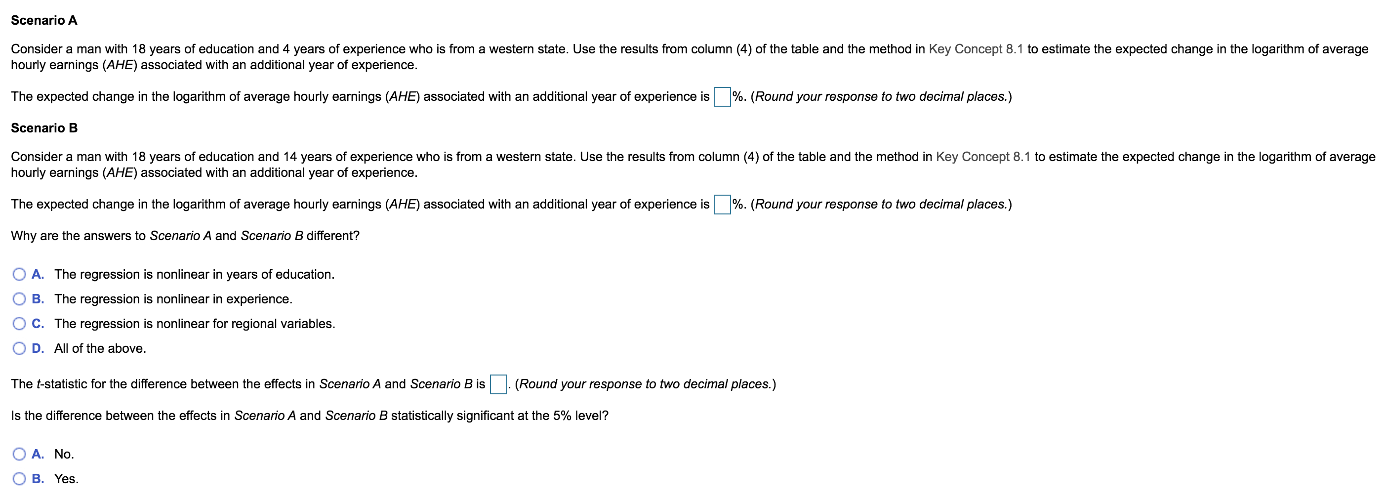 of Hourly Earnings. Regressor (1) (3) Years of education 0.1035** (0.0009) (2)