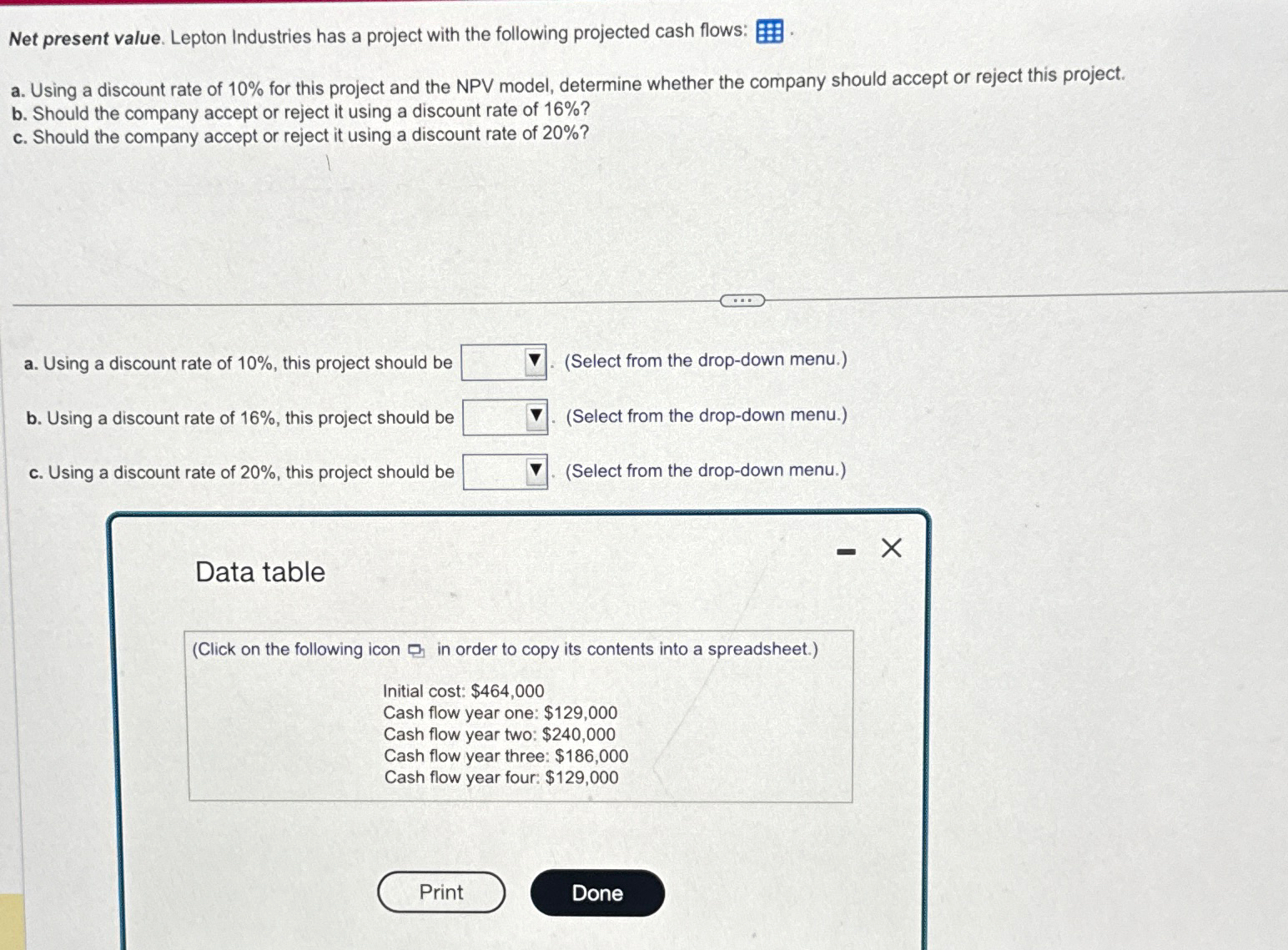  Net present value. Lepton Industries has a project with the following
