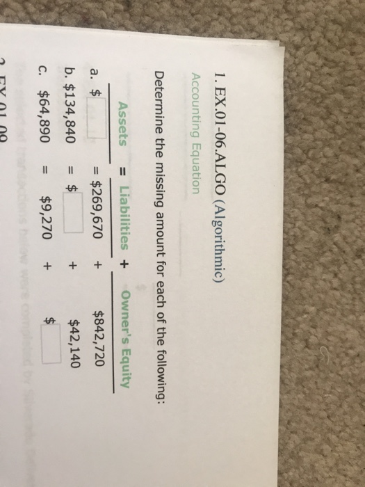  1. EX.01-06.ALGO (Algorithmic) Accounting Equation Determine the missing amount for each