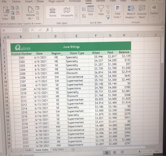 the June billings, Ladonna wants to display subtotals for each region. Sort