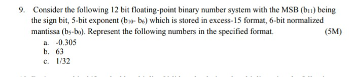  9. Consider the following 12 bit floating-point binary number system with