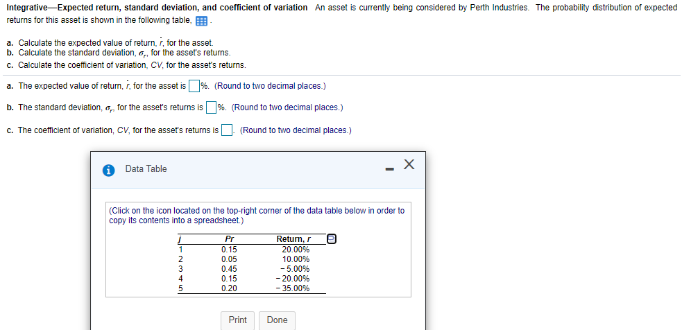 Integrative-Expected return, standard deviation, and coefficient of variation An asset is