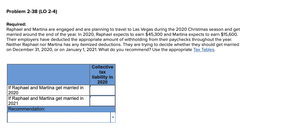 Problem 2-38 (LO 2-4) Required: Raphael and Martina are engaged and