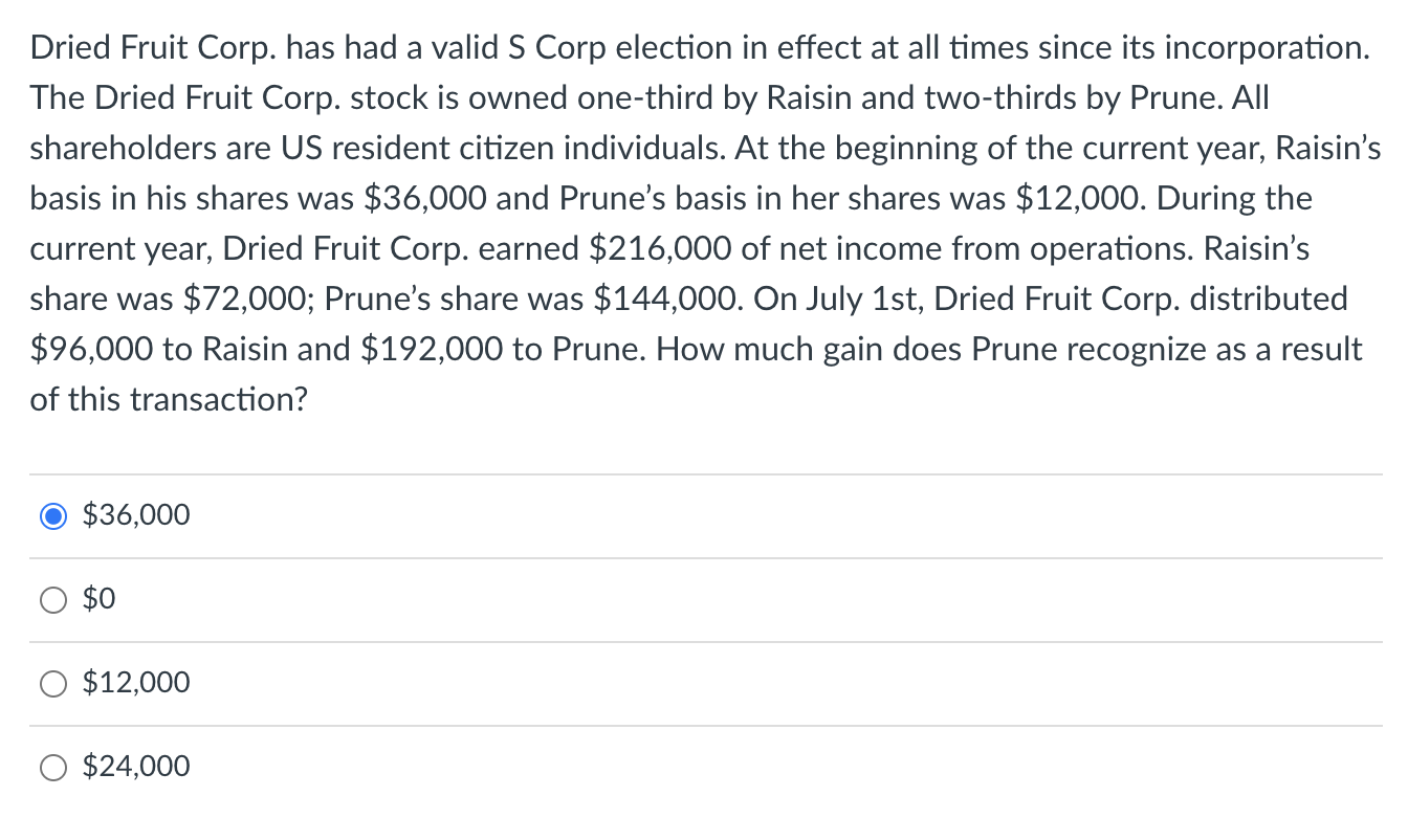  Question 8: Dried Fruit Corp. has had a valid S Corp