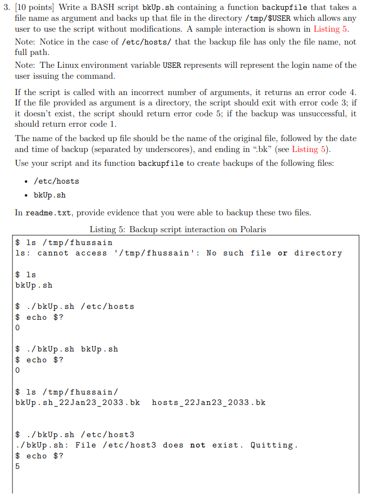  3. [10 points] Write a BASH script bkUp.sh containing a function