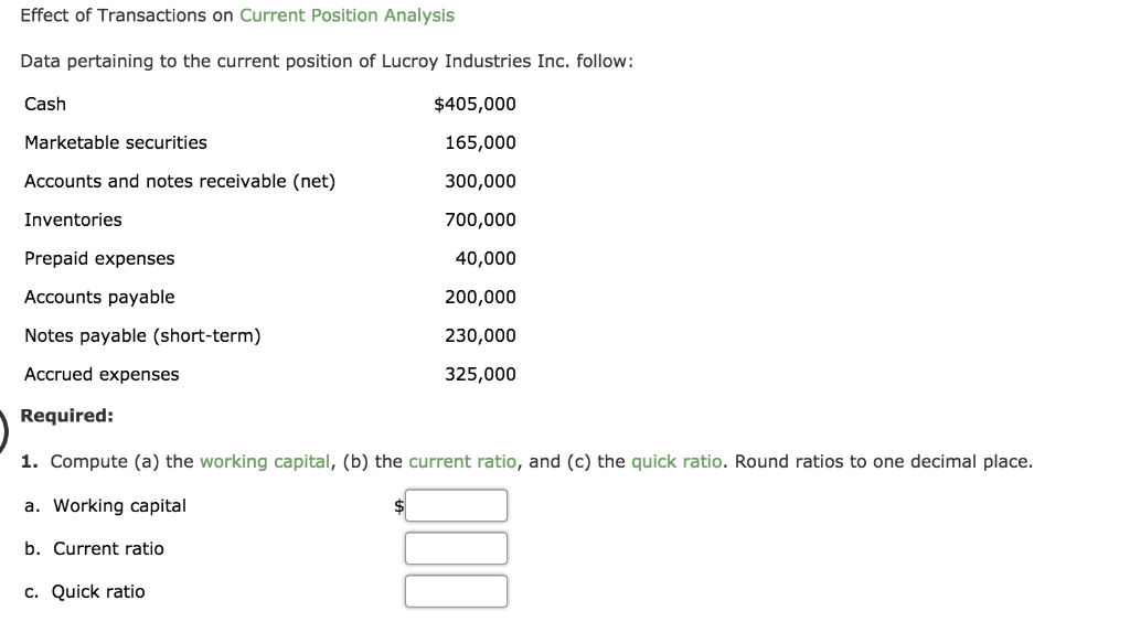 Effect of Transactions on Current Position Analysis Data pertaining to the current