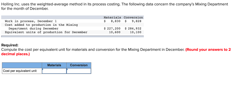 Holling Inc. uses the weighted-average method in its process costing. The