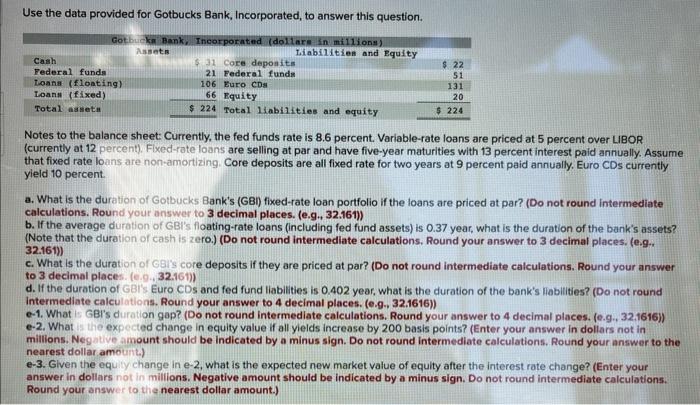  Use the data provided for Gotbucks Bank, Incorporated, to answer this