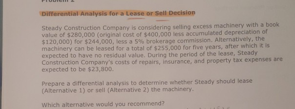  Differential Analysis for a Lease or Sell Decision Steady Construction Company