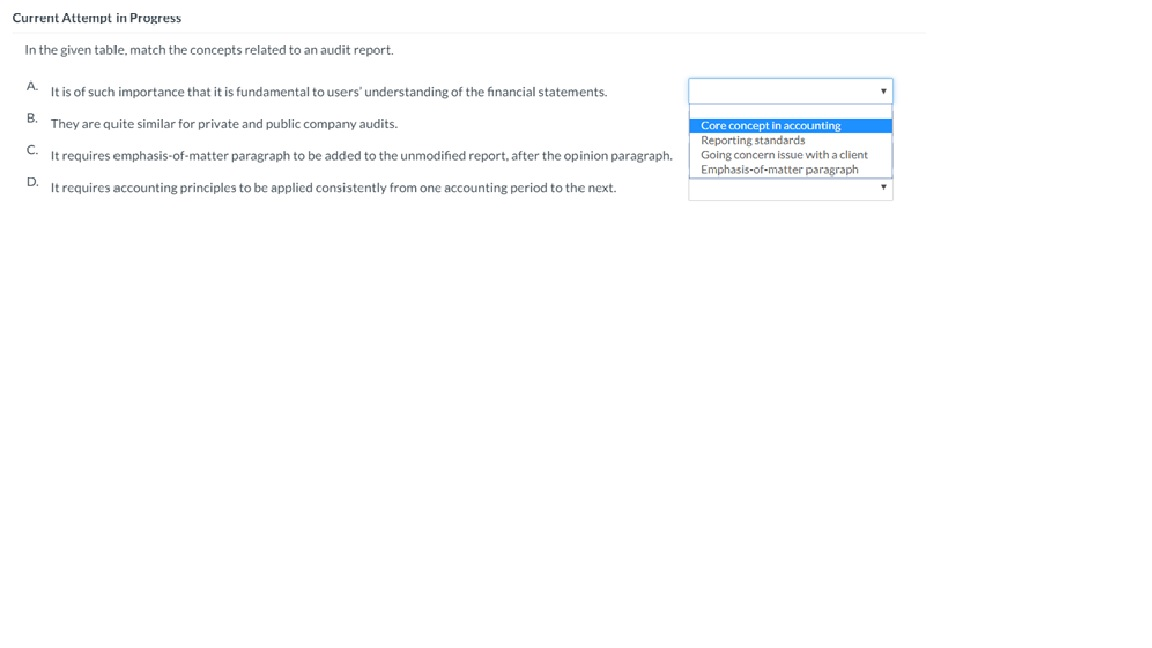  Current Attempt in Progress In the given table, match the concepts