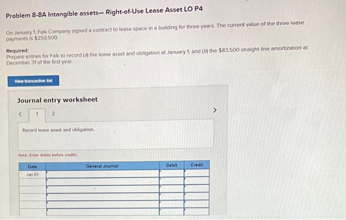  Problem 8-8A Intangible assets- Right-of-Use Lease Asset LO P4 On January