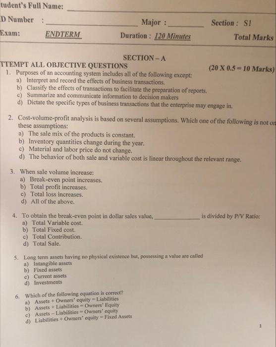  tudent's Full Name: D Number : Section: S1 Major: Duration: 120