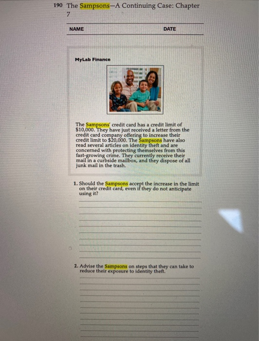  190 The Sampsons-A Continuing Case: Chapter NAME DATE MyLab Finance The