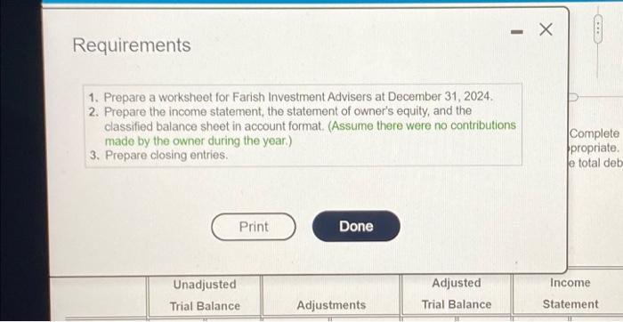  - - X Requirements 1. Prepare a worksheet for Farish Investment