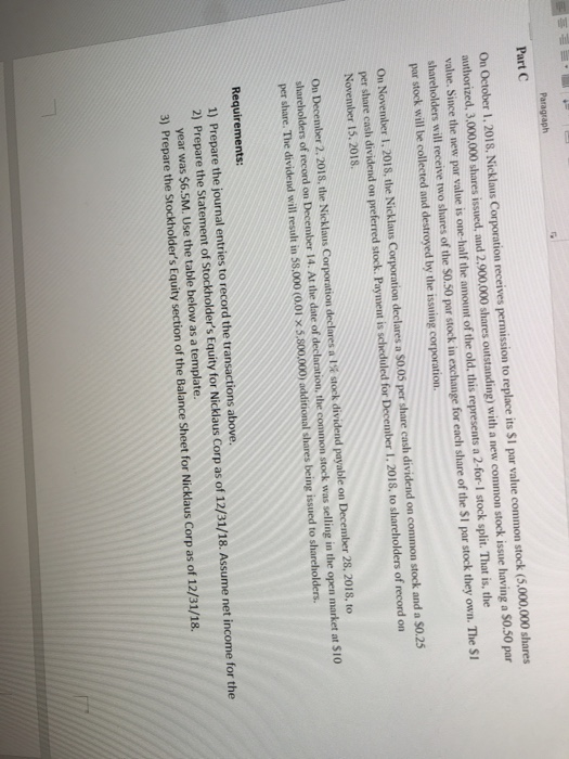 included with part C. thank you. ICE 18-1: Stockholders' Equity Part A