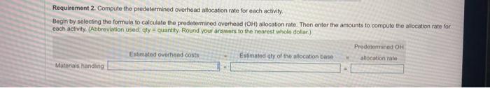 Requirement 2. Compute tho predetermined overhead allocation rate for oach activity.