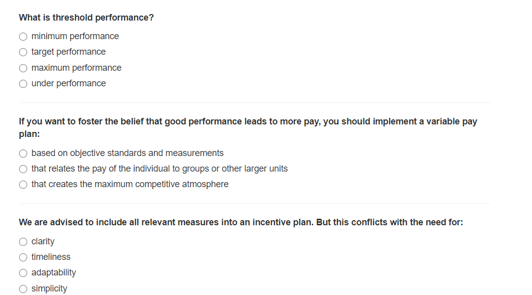 What is threshold performance? O minimum performance O target performance maximum