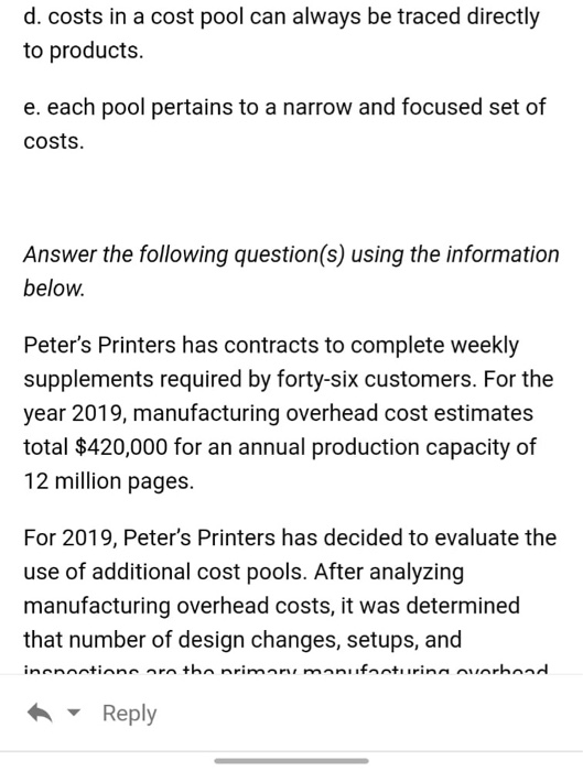 estimated costs for the upcoming year: Direct materials used Direct labour costs