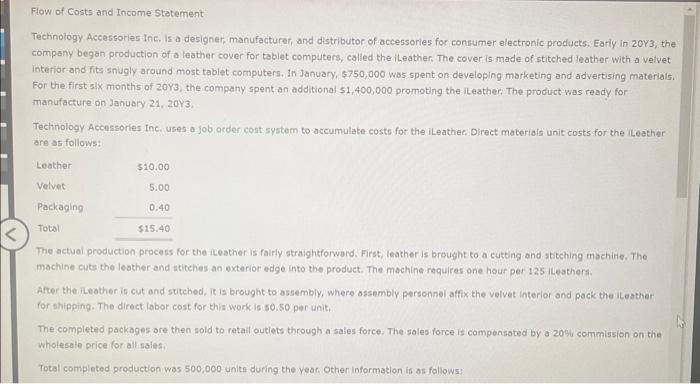 statement for the ILeather product. Flow of Costs and Income Statement Technology