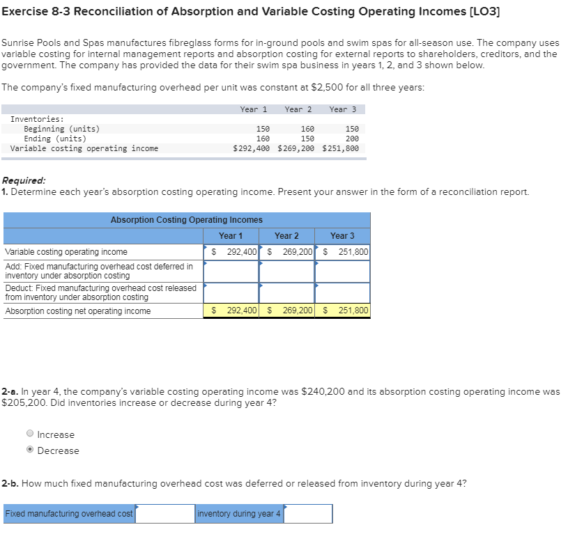  Exercise 8-3 Reconciliation of Absorption and Variable Costing Operating Incomes [LO3]