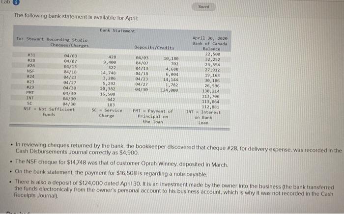 Problem 7-9 A Preparing a bank reconciliation and recording adjustments LO6 Stewart